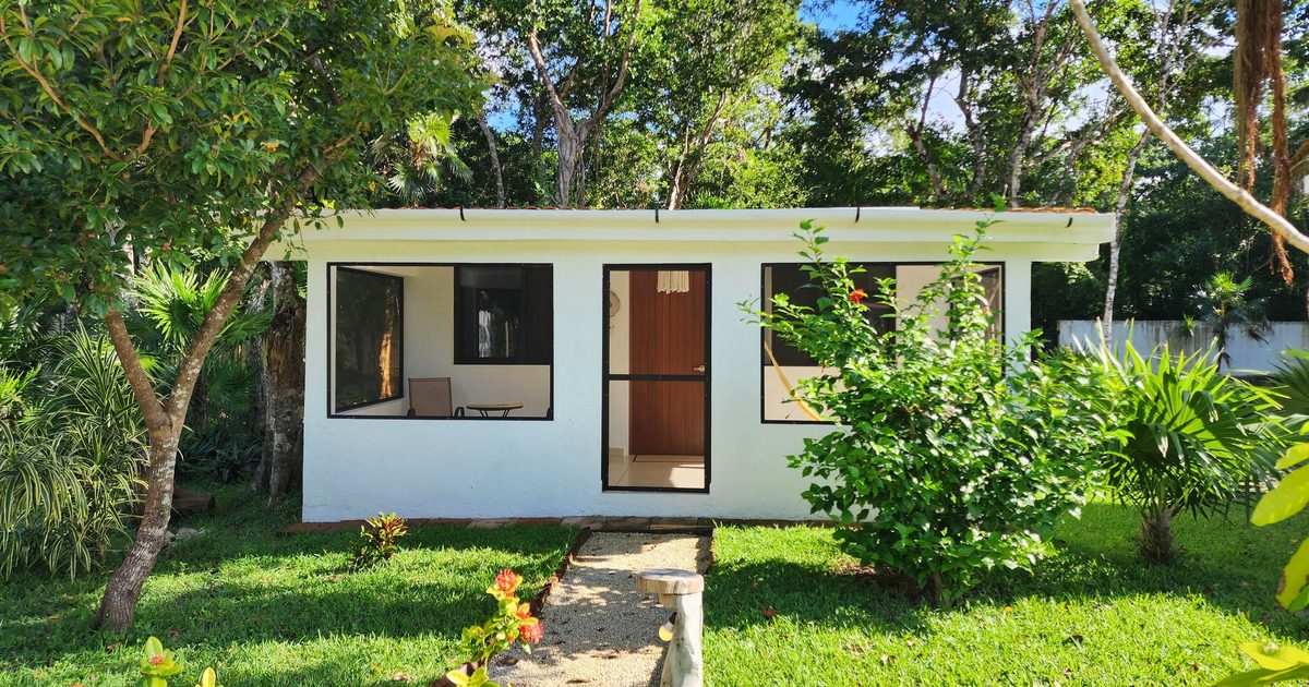 Small white single-story backyard cottage with large windows and a glass door, set in a green yard with a stone path