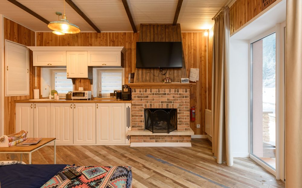Wood-paneled studio with a small kitchen along one wall, a brick fireplace, a TV and a glass door to the outside