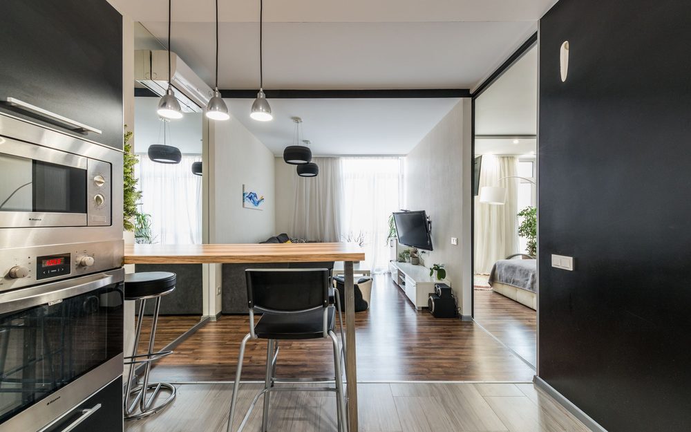 Compact home with the kitchen along one wall, a breakfast counter, and the living area and bedroom beyond