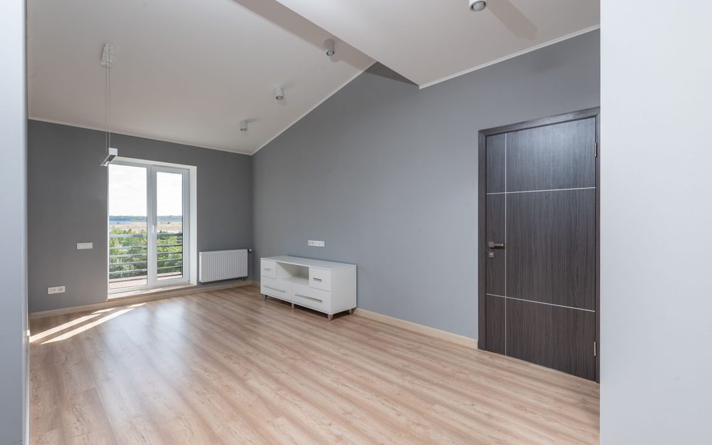 Empty finished room with gray walls, a wood-look floor and a glass door to the outside