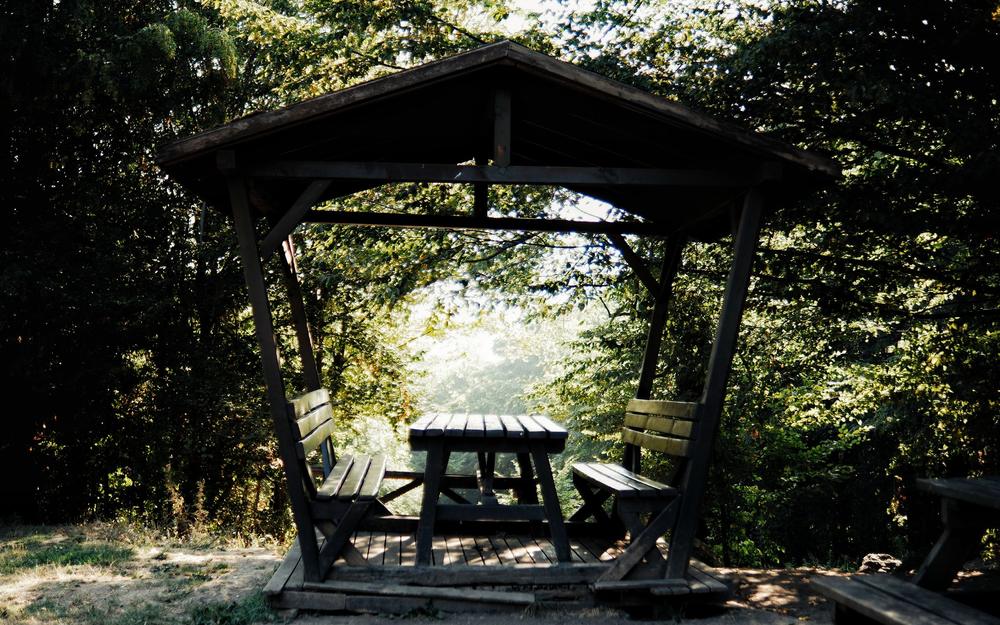 Freestanding timber pavilion with a picnic table, standing on its own posts among trees