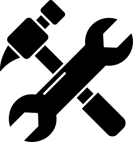 Black and white icon featuring a hammer crossed with a wrench, symbolizing tools and repair work.