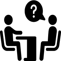 Two people sitting at a table, pondering, with a large question mark hovering above them.
